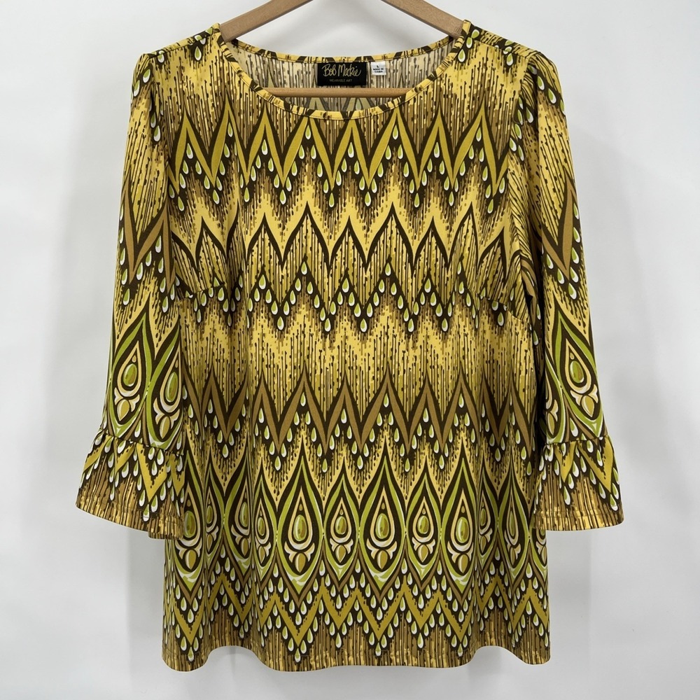Bob Mackie Wearable Art Yellow Green Chevron Print Ruffle Sleeve Blouse Lg